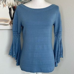 WHITE HOUSE BLACK MARKET Blue Pointelle Flutter Sleeve Sweater | Small